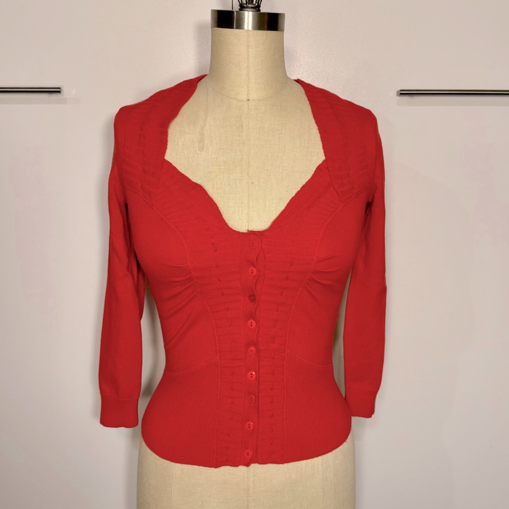 Anthropologie Rosne Netra Red Dark Coral Vintage Inspired Knit Cardigan M